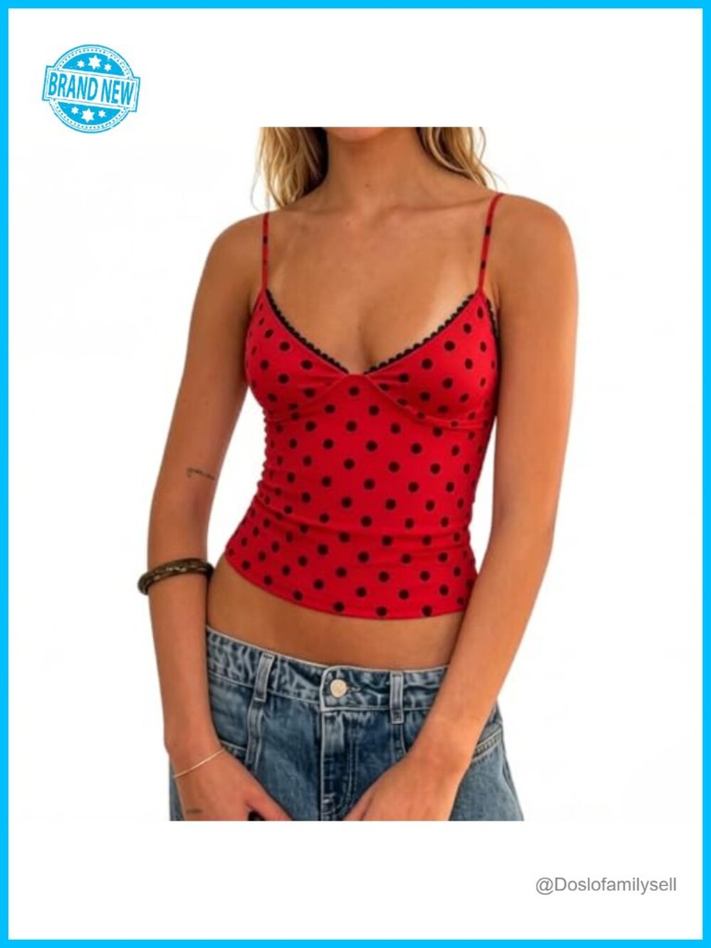 Y2K Polka Dot Lace Trim V-Neck Spaghetti Strap Cami Crop Top